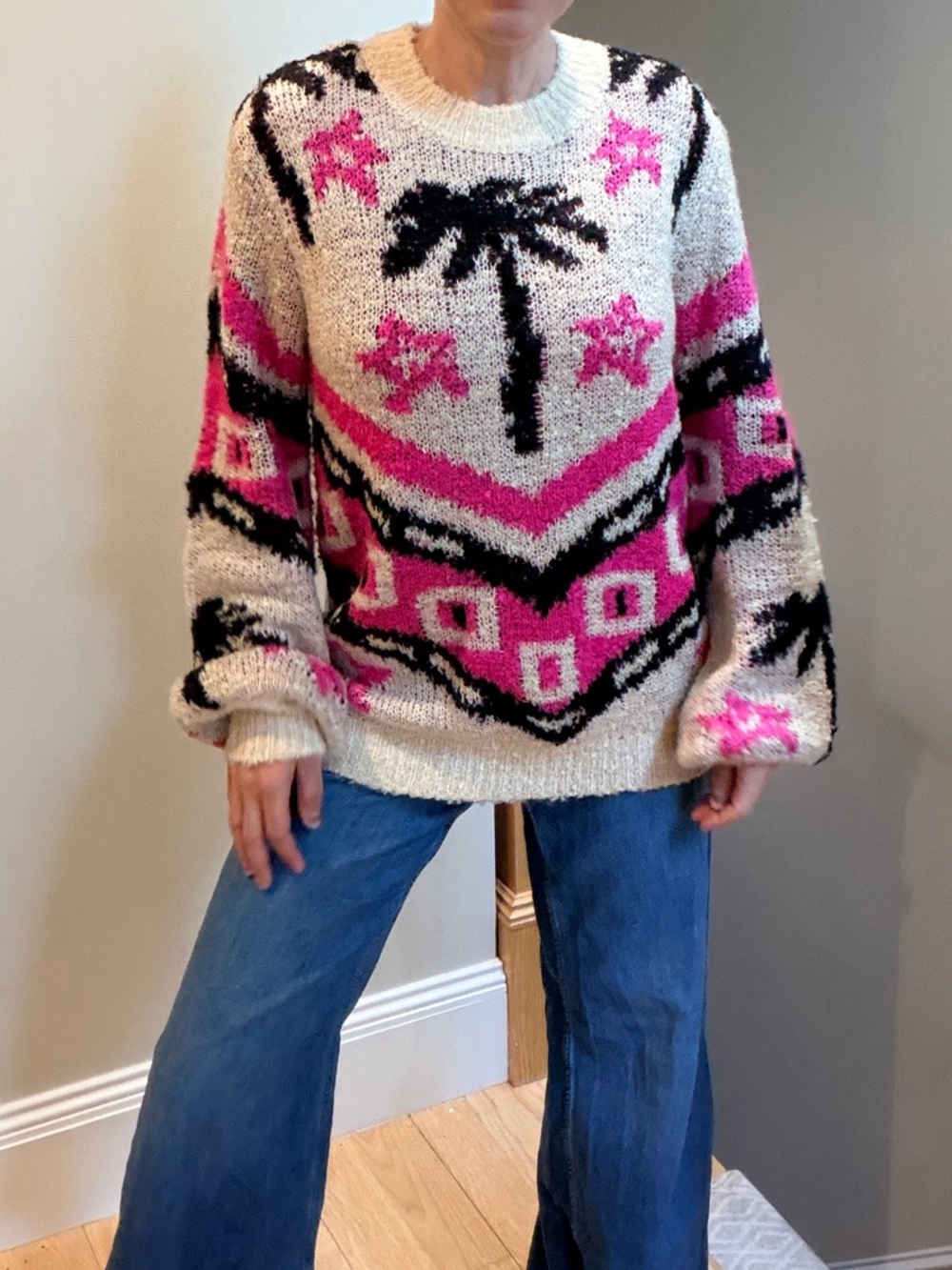 Cream Crewneck Sweater with Pink & Black Palm Motif
